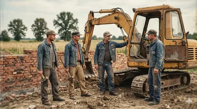 Ekipa budowlana przy murze z cegły na placu budowy — Budowa Projekt Warmia i Mazury