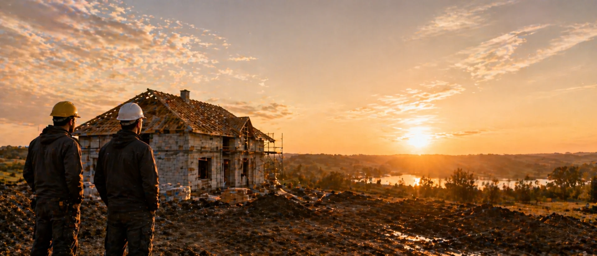 Ekipa budowlana na tle remontowanego budynku o zachodzie słońca — Warmia i Mazury